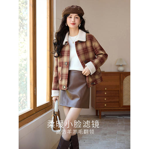 【年货节】熙世界复古格纹毛呢外套短款小个子冬季新款小香风翻领呢子大衣 商品图2