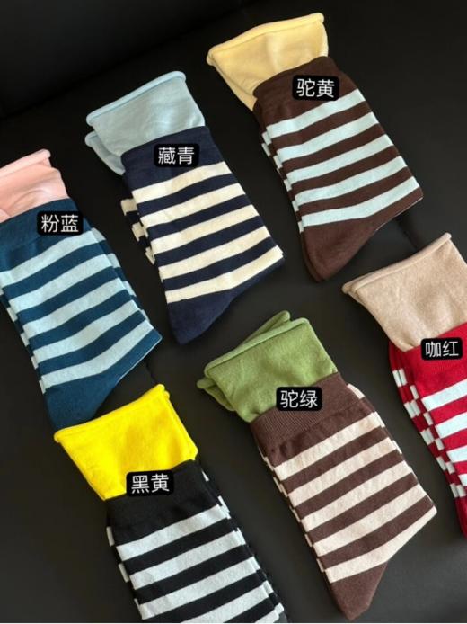 🎉🎉🎉【美拉德双袜口条纹中筒袜】👉1.无骨袜头高支优质精梳棉 ，🍁含棉量高，棉料软乎糯唧唧 ~ 2.条纹双袜口撞色亮色系 商品图1