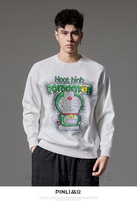 PINLI品立2024秋季新款男士烫钻叮当猫套头卫衣宽松潮牌休闲上衣BG243109012