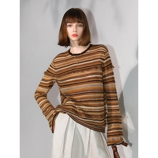 COCOBELLA金线提花羊毛马海毛针织衫女美拉德条纹毛衣MZ7042 商品图1