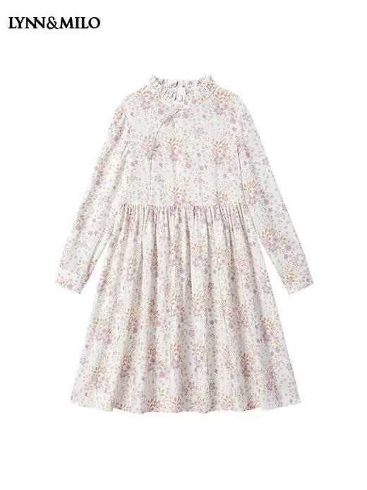 天空之城-LYNN&MILO粉色天丝棉碎花长袖中式连衣裙 商品图1