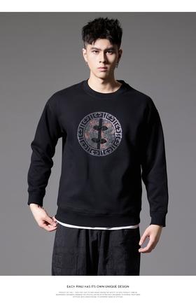 PINLI品立2024秋季新款贴布烫钻套头卫衣国潮盘扣宽松休闲男上衣BG243109008