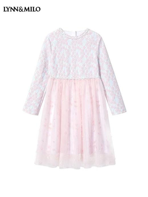 天空之城-LYNN&MILO粉色蕾丝复合拼网纱连衣裙 商品图1