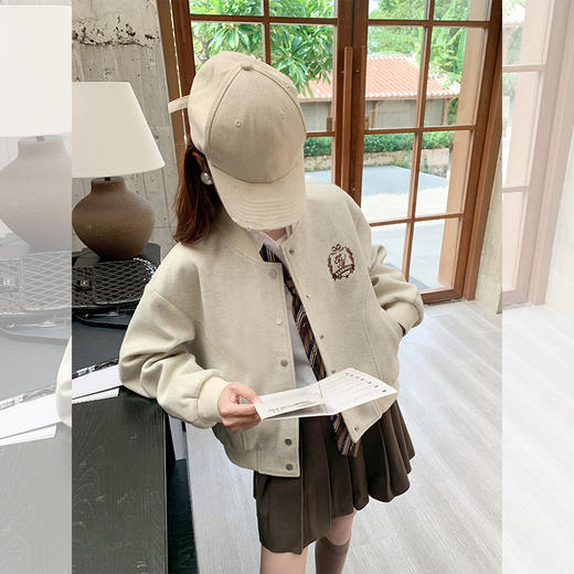 <曾小咸推荐>美式复古杏色毛呢显瘦棒球服外套 商品图2