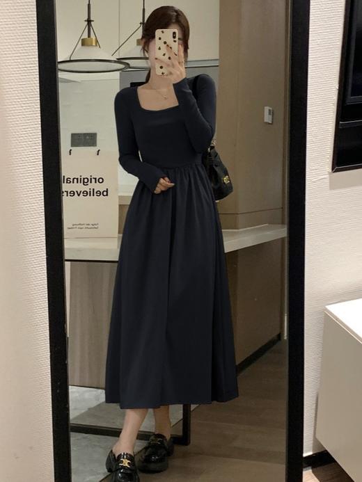 【赫本风法式方领长袖连衣裙】春秋高级感气质收腰内搭大摆打底长裙 商品图6