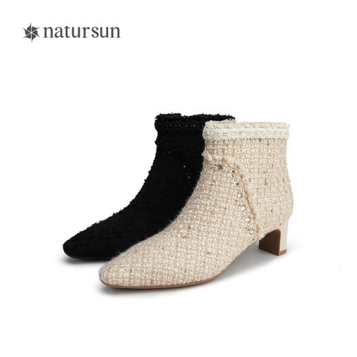 natursun法式时装靴秋冬季时尚气质小方头粗跟高跟靴短靴女鞋N24506212 商品图4
