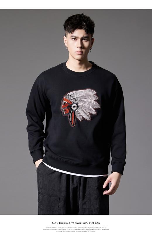 PINLI品立2024秋季新款男士休闲套头卫衣印第安人绣花宽松潮上衣BG243109009 商品图0