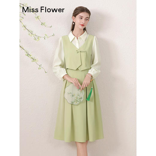 勿忘花绿色法式拼接衬衫连衣裙女早秋2024新款秋季新中式国风裙子 商品图1