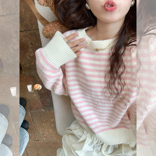 <曾小咸推荐>韩系减龄慵懒风粉色条纹毛衣 商品图2