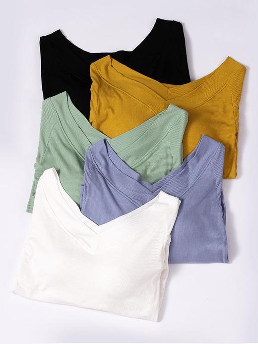 【罩杯一体式！双V齐腰打底】即是内衣又是打底衫，免穿文胸/无钢圈，前后V领，修身时尚百搭，一体式内搭服饰，女士大领口上衣带胸垫长袖t恤女L 商品图2