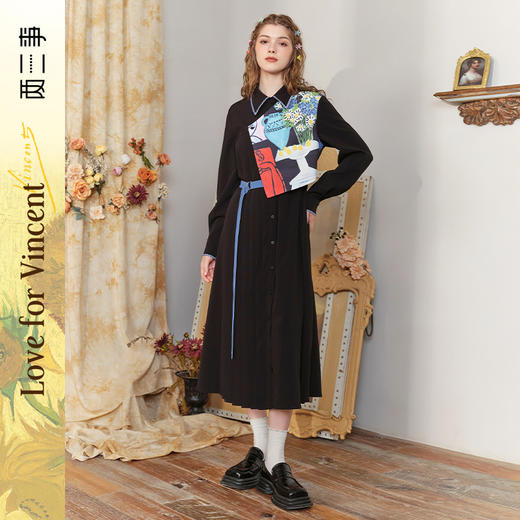 两三事梵高文艺诸神艺境2024秋季新款油画印花布拼接假两件连衣裙 商品图0