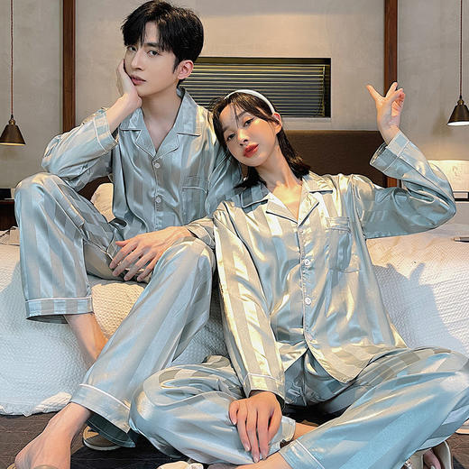 情侣睡衣女春秋长袖长裤套装家居服 冰丝舒适气质 高级感男士家居服套装刺绣 商品图2