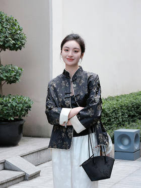 盛唐婧 |真丝宋锦立领对襟外套-黑色