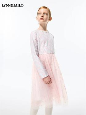 天空之城-LYNN&MILO粉色蕾丝复合拼网纱连衣裙