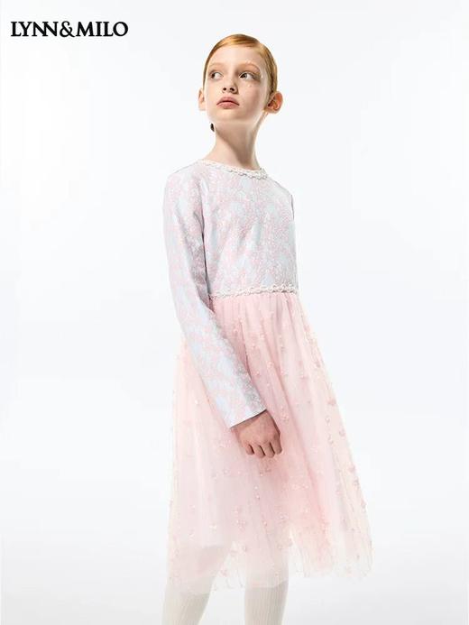 天空之城-LYNN&MILO粉色蕾丝复合拼网纱连衣裙 商品图0