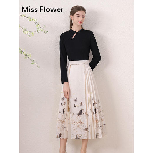 黑色新中式拼接针织连衣裙女春秋2026春季新款国风马面裙 商品图1