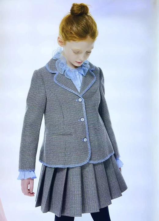 天空之城-LYNN&MILO蓝色彩葱格纹包边外套百褶半裙套装 商品图0