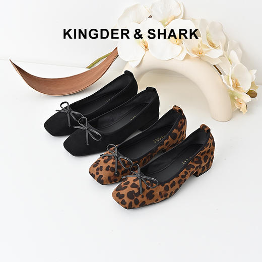 经典鲨2024年秋款时尚豹纹方头气质平底蝴蝶结一脚蹬单鞋女KW328-D37011 商品图0