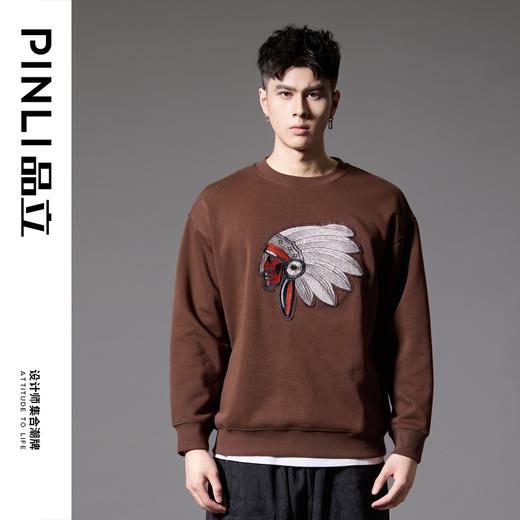 PINLI品立2024秋季新款男士休闲套头卫衣印第安人绣花宽松潮上衣BG243109009 商品图3