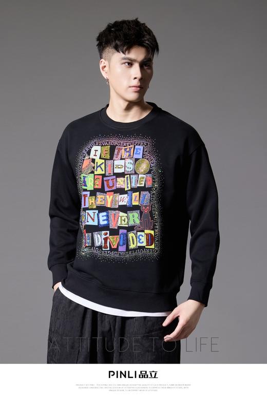 PINLI品立2024秋季新款字母烫钻圆领卫衣潮牌休闲百搭套头男上衣BG243109011 商品图7