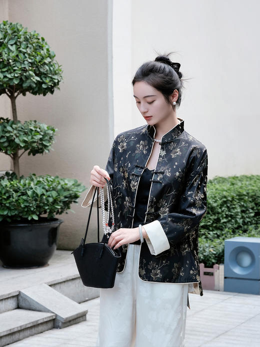 盛唐婧 |真丝宋锦立领对襟外套-黑色 商品图2