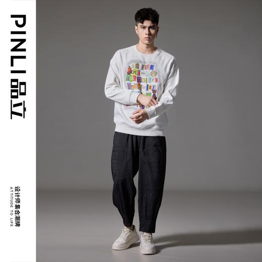 PINLI品立2024秋季新款字母烫钻圆领卫衣潮牌休闲百搭套头男上衣BG243109011 商品图1