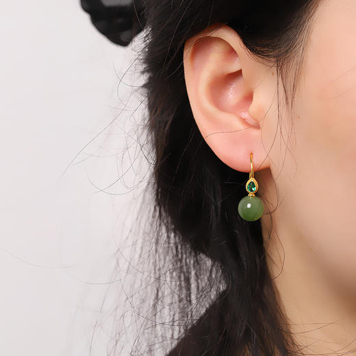 【醉漾】S925银镀金镶嵌和田碧玉圆珠耳饰【RP-EZ011198】 商品图3