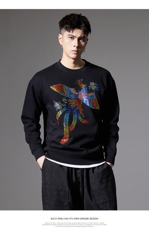 PINLI品立2024秋季新款凤凰彩钻套头卫衣国潮休闲宽松圆领男上衣BG243109010 商品图0