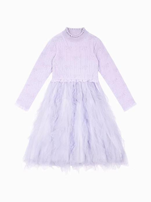 天空之城-LYNN&MILO紫色毛织蝴蝶结提花拼网纱长袖连衣裙 商品图1