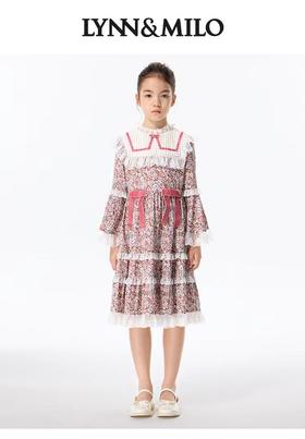 天空之城-LYNN&MILO暗粉色雪纺印花洛丽塔长袖连衣裙