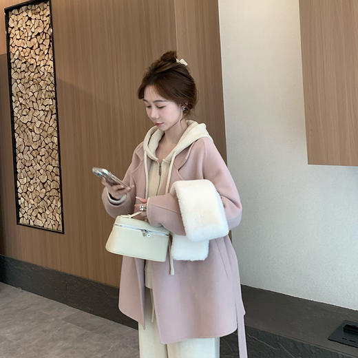 金蘑菇菇  “伦敦假日”短款气质浴袍风大衣 羊绒双面呢大衣 商品图3