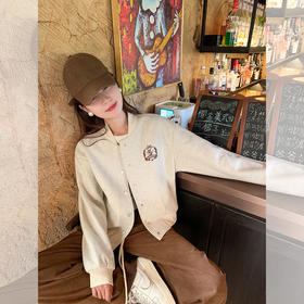 <曾小咸推荐>美式复古杏色毛呢显瘦棒球服外套