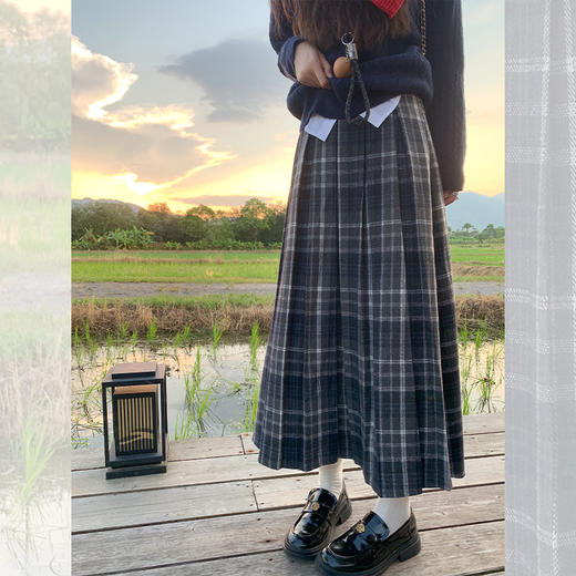 <曾小咸推荐>简约韩系百搭格纹百褶半身裙女秋季新款高腰显瘦小个子长裙 商品图0
