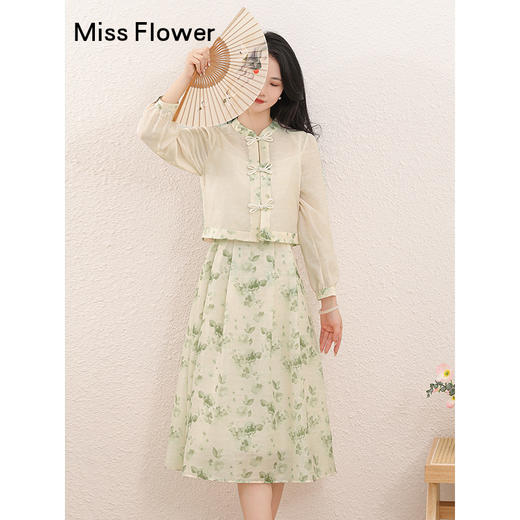 勿忘花绿色复古假两件改良旗袍连衣裙春季新款中式国风裙子 商品图2