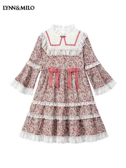 天空之城-LYNN&MILO暗粉色雪纺印花洛丽塔长袖连衣裙 商品图1