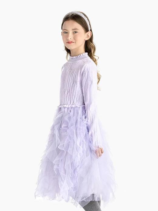 天空之城-LYNN&MILO紫色毛织蝴蝶结提花拼网纱长袖连衣裙 商品图0