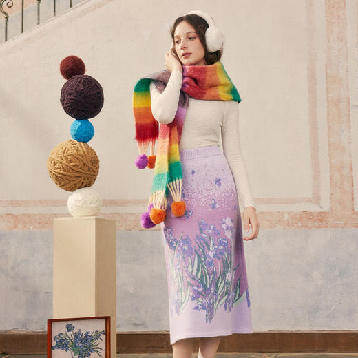 两三事梵高文艺紫鸢之名2024秋季新款渐变色鸢尾花图案针织半身裙 商品图1