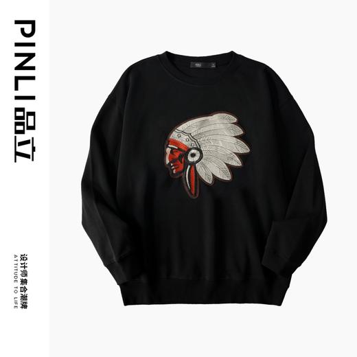 PINLI品立2024秋季新款男士休闲套头卫衣印第安人绣花宽松潮上衣BG243109009 商品图5