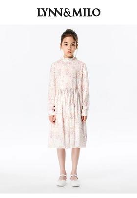 天空之城-LYNN&MILO粉色天丝棉碎花长袖中式连衣裙