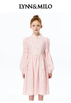 天空之城-LYNN&MILO粉色任免花朵植绒立领洛丽塔长袖连衣裙