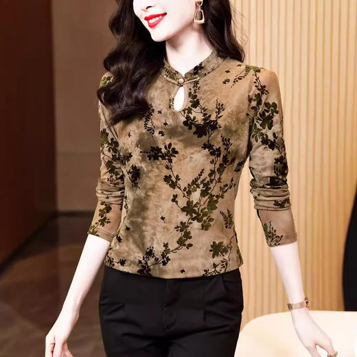 复古气质立领修身显瘦，盘扣植绒长袖网纱打底小衫KQL- E37M2830 商品图2