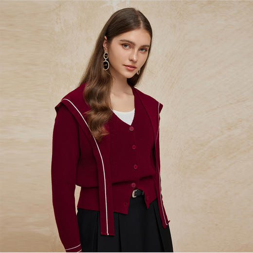 PG632斯尔丽2024秋季新款V领时尚拼色开衫外套可脱卸围巾式披肩针织 商品图2