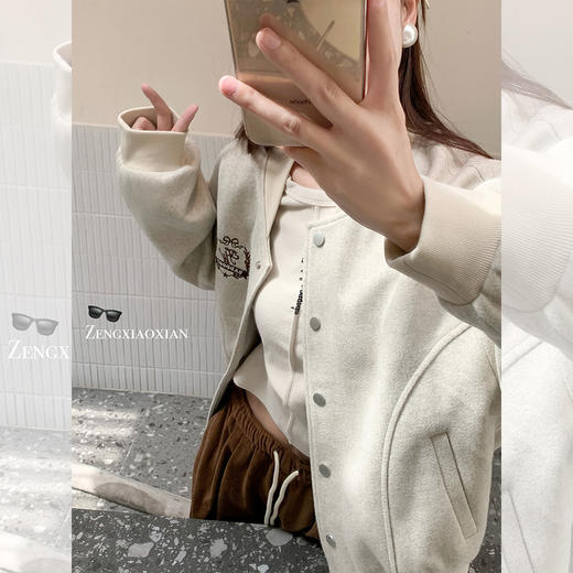 <曾小咸推荐>美式复古杏色毛呢显瘦棒球服外套 商品图1