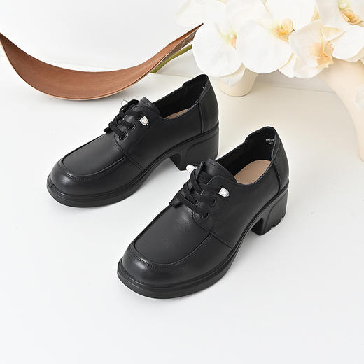 经典鲨2024年秋季新款百搭圆头系带中粗跟显高单鞋小皮鞋女KW233-D37151 商品图2