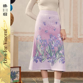 两三事梵高文艺紫鸢之名2024秋季新款渐变色鸢尾花图案针织半身裙
