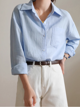 LR法式高级感棉麻宽松慵懒长袖衬衣
