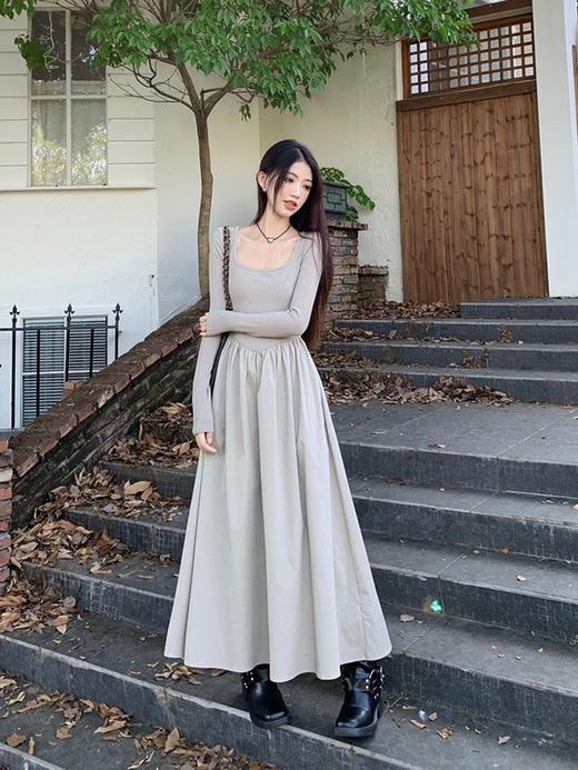 【赫本风法式方领长袖连衣裙】春秋高级感气质收腰内搭大摆打底长裙 商品图0