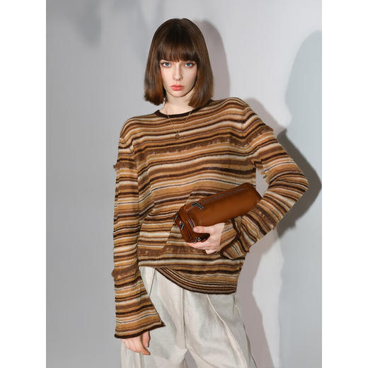 COCOBELLA金线提花羊毛马海毛针织衫女美拉德条纹毛衣MZ7042 商品图2