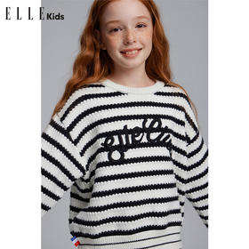 ELLEkids童装 法式学院风条纹绣花毛衣女童秋季羊毛混纺套头针织