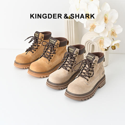 经典鲨2024年冬新款时尚圆头拼色潮酷系带平底短筒马丁靴女KW182-D58101 商品图2